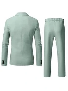 Manfinity Mode Men's Solid Lapel Collar Casual Suit Set, Spring/Summer, Formal Formal, Ceremony - Green - View 2
