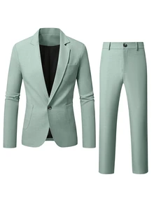 Manfinity Mode Men's Solid Lapel Collar Casual Suit Set, Spring/Summer, Formal Formal, Ceremony - Green - View 3