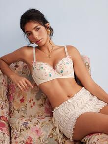 Elorette Women's Sweet Embroidered Bow Decor Bra - Yellow - View 5
