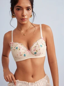 Elorette Women's Sweet Embroidered Bow Decor Bra - Yellow - View 4