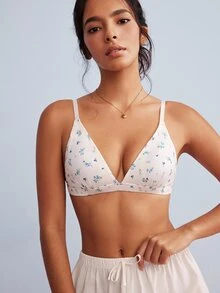 Elorette Triangle Cup Bra With Cup Pad, Ditsy Floral, All-Over Print, Simple Romantic Women's Lingerie - Blue - View 5