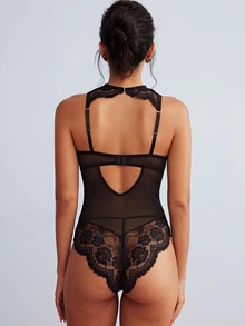 Elorette Women's Sexy Lace Patchwork Cutout Jumpsuit Lingerie - Black - View 2