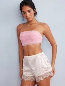 Elorette Pink Lace Patchwork Strapless Bandeau Bra, Invisible Comfortable Wearable Romantic Exquisite Women's Lingerie - Pink - View 4