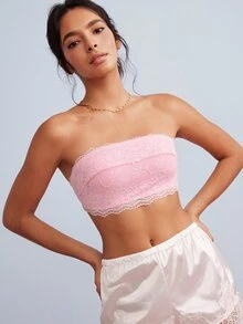 Elorette Pink Lace Patchwork Strapless Bandeau Bra, Invisible Comfortable Wearable Romantic Exquisite Women's Lingerie - Pink - View 1