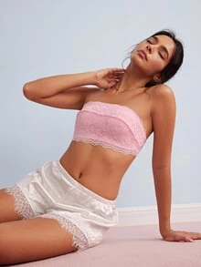 Elorette Pink Lace Patchwork Strapless Bandeau Bra, Invisible Comfortable Wearable Romantic Exquisite Women's Lingerie - Pink - View 6