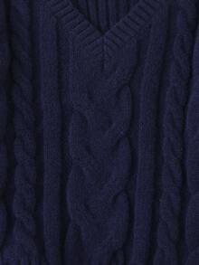 SHEIN Fall Winter Tween Girls Elegant V-Neck Long Sleeve Cable Knit Sweater Pullover, Warm Cozy Soft, Festival Outfits School Christmas Gatherings - Navy Blue - View 3