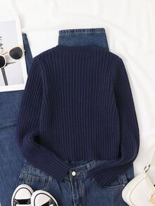 SHEIN Fall Winter Tween Girls Elegant V-Neck Long Sleeve Cable Knit Sweater Pullover, Warm Cozy Soft, Festival Outfits School Christmas Gatherings - Navy Blue - View 2