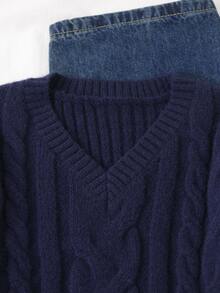 SHEIN Fall Winter Tween Girls Elegant V-Neck Long Sleeve Cable Knit Sweater Pullover, Warm Cozy Soft, Festival Outfits School Christmas Gatherings - Navy Blue - View 5