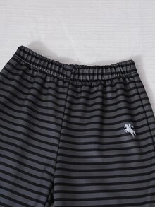 SHEIN Sparklyn 女童條紋兩件套，連帽衫，秋季穿搭，不對稱肩長袖條紋上衣，鬆緊腰條紋寬腿褲 - 黑色 - 查看 10