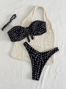 Swim Basics 女士新款黑白波点镂空抹胸比基尼套装 - 黑與白 - 查看 5
