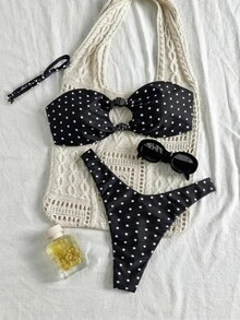 Swim Basics 女士新款黑白波点镂空抹胸比基尼套装 - 黑與白 - 查看 2