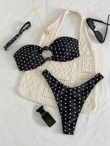 Swim Basics 女士新款黑白波点镂空抹胸比基尼套装 - 黑與白 - 查看 4