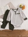 SHEIN Vintaside Kids 2pcs Baby Boy Henley Jumpsuit Pants Cute Army Green Striped Waffle Ribbed Long Sleeve Round Neck Birthday Party Fall Fall Jacket Pullover Pocket
