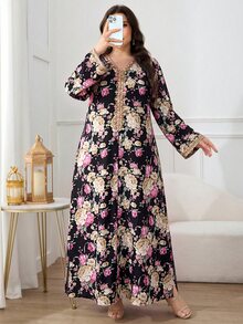 Al Najma Plus Size Women Elegant Traditional Boho Floral Print Loose Arabic Style Dress Vacation Black Autumn Fall Dinner Party Formal Wedding Guest - Black - View 3