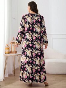Al Najma Plus Size Women Elegant Traditional Boho Floral Print Loose Arabic Style Dress Vacation Black Autumn Fall Dinner Party Formal Wedding Guest - Black - View 2