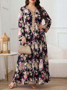Al Najma Plus Size Women Elegant Traditional Boho Floral Print Loose Arabic Style Dress Vacation Black Autumn Fall Dinner Party Formal Wedding Guest - Black - View 5