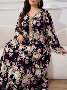 Al Najma Plus Size Women Elegant Traditional Boho Floral Print Loose Arabic Style Dress Vacation Black Autumn Fall Dinner Party Formal Wedding Guest - Black - View 1