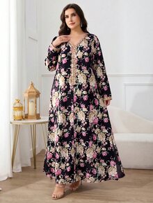 Al Najma Plus Size Women Elegant Traditional Boho Floral Print Loose Arabic Style Dress Vacation Black Autumn Fall Dinner Party Formal Wedding Guest - Black - View 6