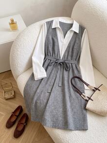 Elaquor Plus Size Korean Style Versatile Colorblock 2 In 1 Long Sleeve Dress Fall - Multicolor - View 3