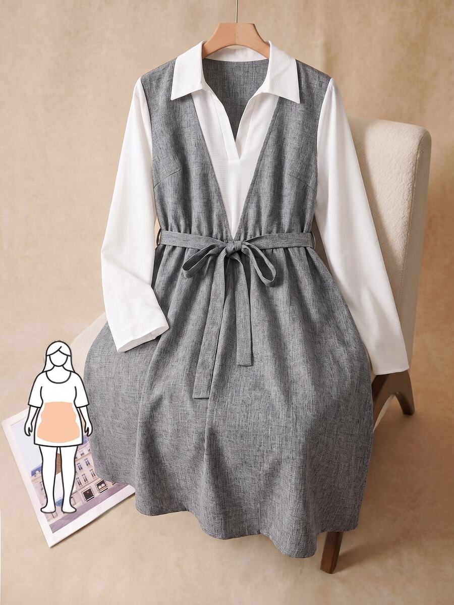Elaquor Plus Size Korean Style Versatile Colorblock 2 In 1 Long Sleeve Dress Fall - Multicolor - View 1
