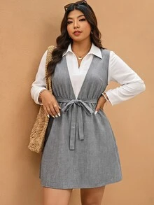 Elaquor Plus Size Korean Style Versatile Colorblock 2 In 1 Long Sleeve Dress Fall - Multicolor - View 4