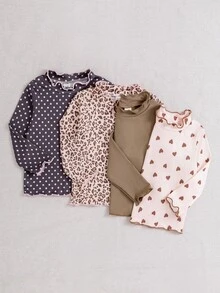 SHEIN Playful Pals 4pcs Toddler Girls Lettuce Trim Tees Sweet Pink Navy Polka Dot Leopard Heart Ribbed Long Sleeve Frill Neck Regular Birthday Fall Ballet Princess Girly - Multicolor - View 7