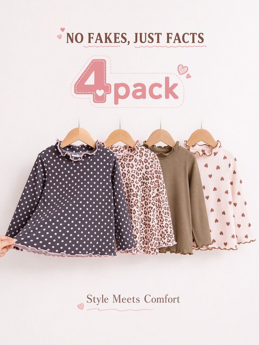 SHEIN Playful Pals 4pcs Toddler Girls Lettuce Trim Tees Sweet Pink Navy Polka Dot Leopard Heart Ribbed Long Sleeve Frill Neck Regular Birthday Fall Ballet Princess Girly