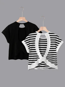 SHEIN Girlism KIDS KIDS 青少年女孩 2件套 背後交叉鏤空短袖T恤與圓領落肩上衣，純色/條紋休閒極簡風女裝，夏季日常街頭通勤穿搭小眾設計短版上衣 - 黑與白 - 查看 7