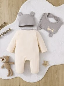 SHEIN Playful Pals 3 قطع/مجموعة ملابس نوم للأطفال حديثي الولادة باللون الرمادي والبيج المحايد بنمط الكوالا اللطيف بأكمام طويلة وأقدام مغطاة - رمادي - مشاهدة 2