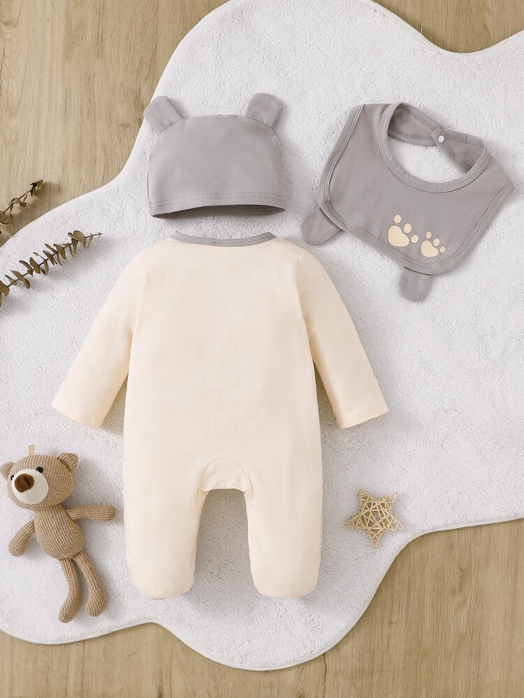 SHEIN Playful Pals 3件組新生兒嬰兒睡衣 灰色與米色中性色 可愛考拉圖案 長袖連腳睡衣 - 灰色 - 查看 2