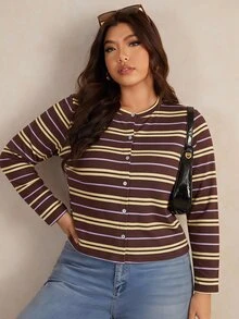 Elaquor Plus Size Striped Colorblock Single-Breasted Long Sleeve T-Shirt Fall - Multicolor - View 4