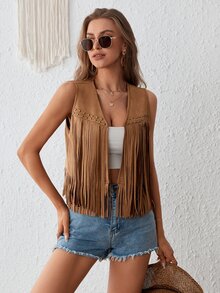 Brillora Fringe Trim Open Front Vest Summer Jacket In Fall/Winter - Brown - View 5