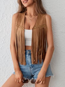 Brillora Fringe Trim Open Front Vest Summer Jacket In Fall/Winter - Brown - View 6