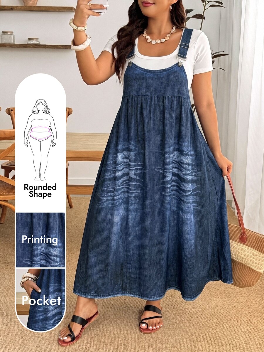 Enliva Plus Size Blue Wash Print Pinafore Dress, Sleeveless Square Neck Loose Fit Maxi Dress - Blue - View 1