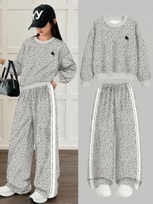Tween Girls Round Neck Drop Shoulder Sweatshirt And Straight Leg Pants 2 Pieces Set With Cartoon Pattern - Multicolor - View 5