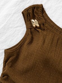 SHEIN 青少年女孩電鍍紋理背心寬腿褲套裝 純色棕色不對稱單肩背心 2件套 夏日寬鬆可愛派對穿搭 - 棕色 - 查看 5