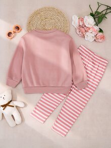 SHEIN 女童甜美粉色熊刺繡運動衫與條紋內搭褲套裝 - 粉色 - 查看 5