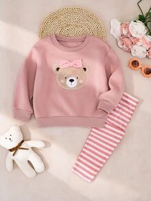 SHEIN 女童甜美粉色熊刺繡運動衫與條紋內搭褲套裝 - 粉色 - 查看 4