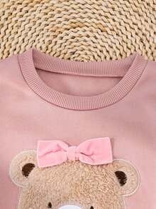 SHEIN 女童甜美粉色熊刺繡運動衫與條紋內搭褲套裝 - 粉色 - 查看 6