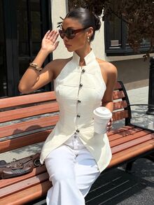 Muchica Women's Solid Color Casual Versatile Daily Wear Halter Neck Top - Beige - View 4