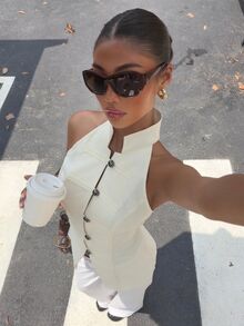 Muchica Women's Solid Color Casual Versatile Daily Wear Halter Neck Top - Beige - View 5