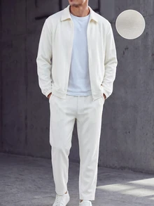 Manfinity Homme Setelan Jaket Pria Lengan Panjang Bahan Linen Imitasi dan Celana Panjang dengan Tali Serut di Pinggang - Krem - View 1