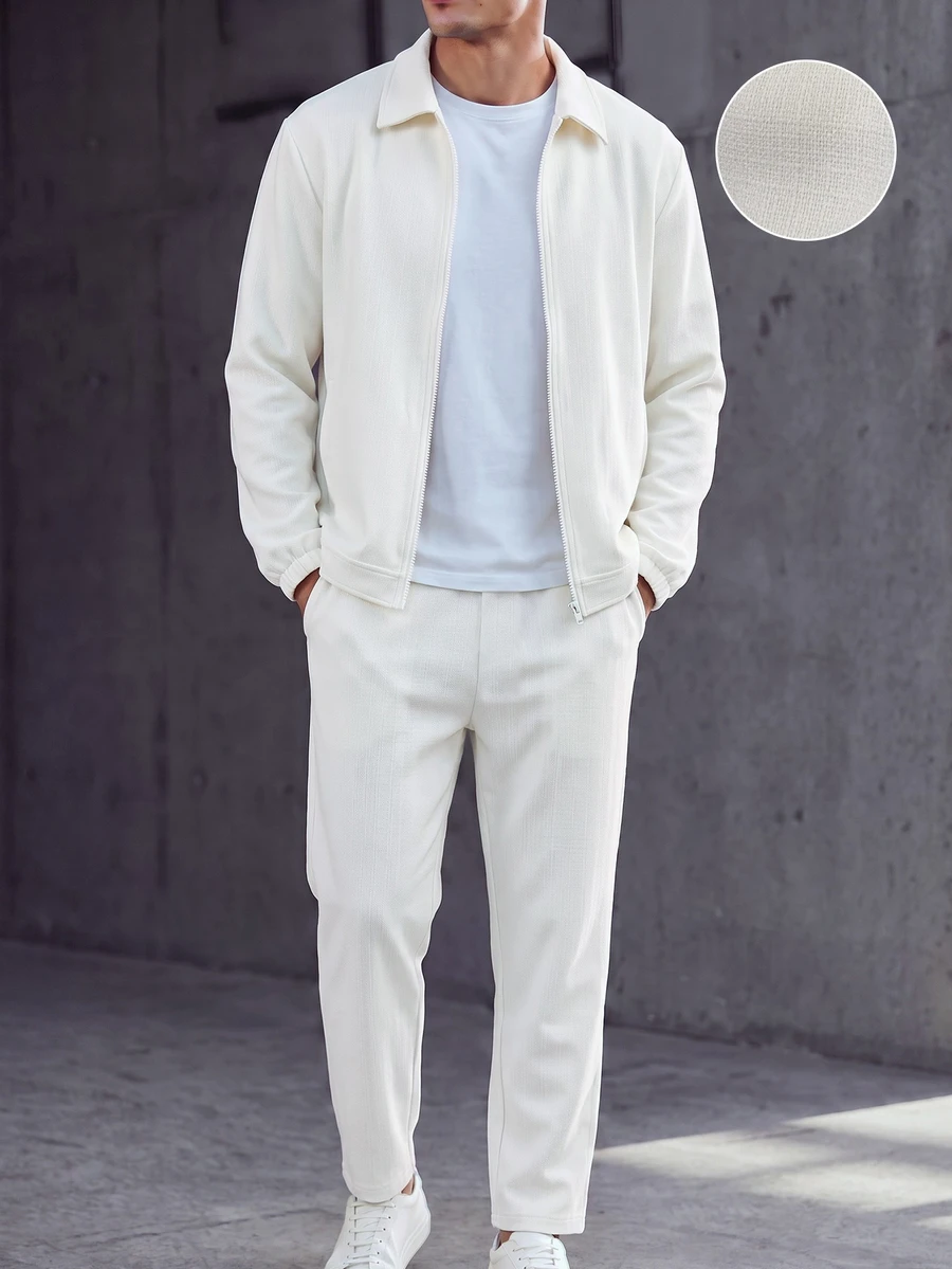 Manfinity Homme Setelan Jaket Pria Lengan Panjang Bahan Linen Imitasi dan Celana Panjang dengan Tali Serut di Pinggang - Krem - View 1