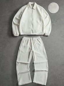 Manfinity Homme Setelan Jaket Pria Lengan Panjang Bahan Linen Imitasi dan Celana Panjang dengan Tali Serut di Pinggang - Krem - View 7