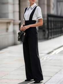 RosyDaze Button Design Wide Leg Overall Jumpsuit - Black - View 6