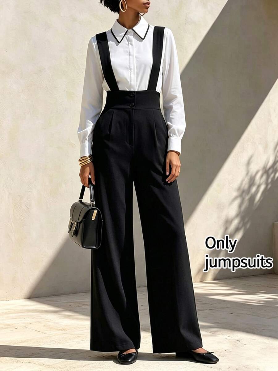 RosyDaze Button Design Wide Leg Overall Jumpsuit - Black - View 1