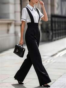 RosyDaze Button Design Wide Leg Overall Jumpsuit - Black - View 7