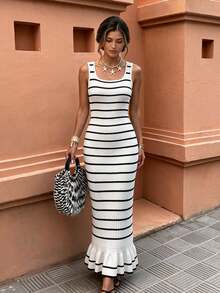 Selianne French Gentle Comfortable Striped Knit Ruffle Hem Dress Casul Long Knit Dress Elegant Party Knitwear For Homecoming Wedding Going Out Ceremony Modest - White - View 4