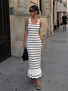 Selianne French Gentle Comfortable Striped Knit Ruffle Hem Dress Casul Long Knit Dress Elegant Party Knitwear For Homecoming Wedding Going Out Ceremony Modest - White - View 8