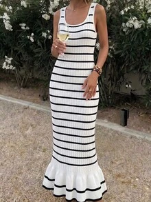 Selianne French Gentle Comfortable Striped Knit Ruffle Hem Dress Casul Long Knit Dress Elegant Party Knitwear For Homecoming Wedding Going Out Ceremony Modest - White - View 6